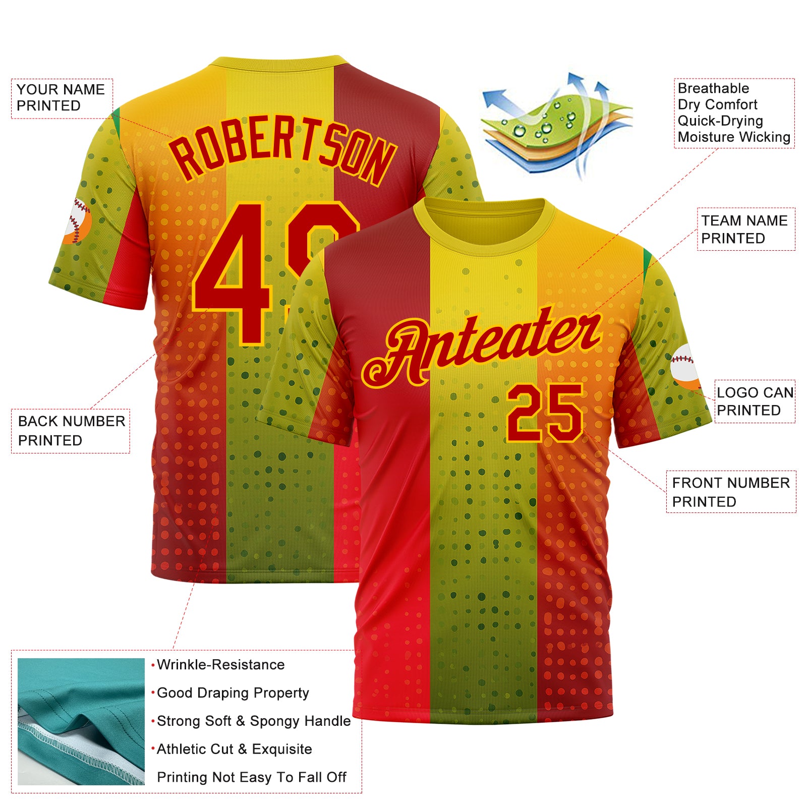 Custom Red Green-Yellow 3D Pattern Design Gradient Spain Sportswear Performance T-Shirt