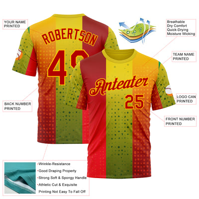 Custom Red Green-Yellow 3D Pattern Design Gradient Spain Sportswear Performance T-Shirt