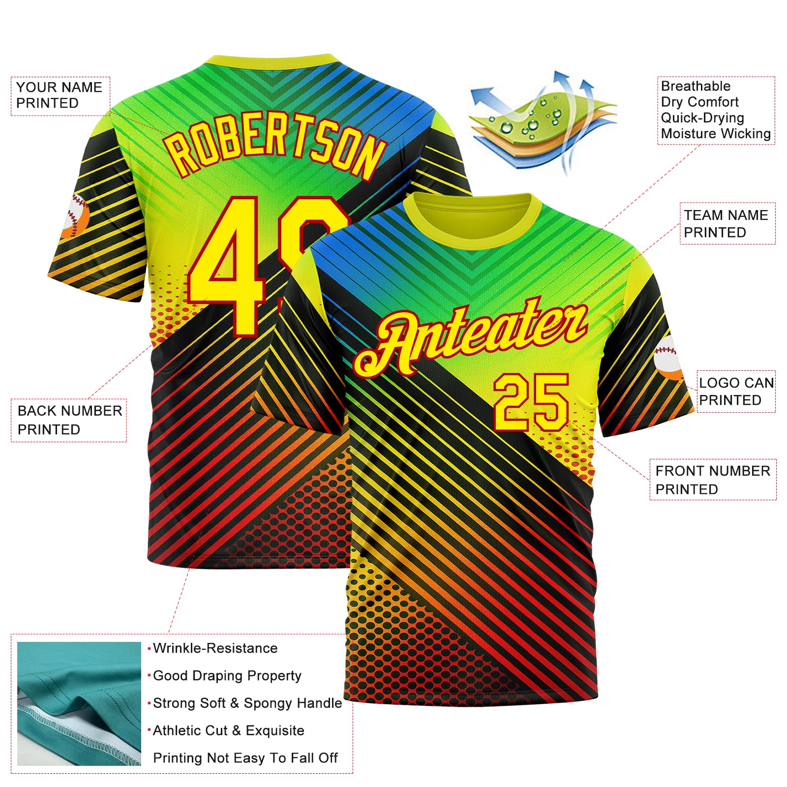 Custom Black Light Yellow Blue-Red 3D Pattern Design Neon Stripe Sportswear Performance T-Shirt