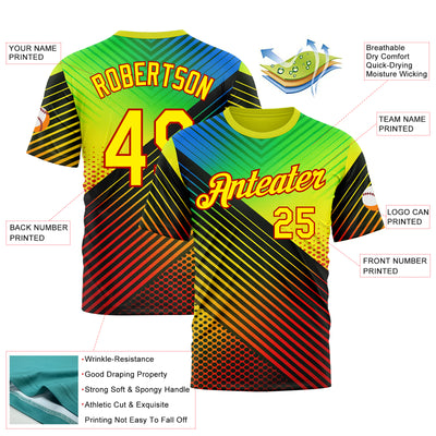Custom Black Light Yellow Blue-Red 3D Pattern Design Neon Stripe Sportswear Performance T-Shirt