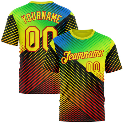 Custom Black Light Yellow Blue-Red 3D Pattern Design Neon Stripe Sportswear Performance T-Shirt