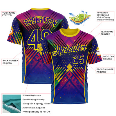 Custom Dark Purple Light Yellow-Red 3D Pattern Design Neon Chromatic Sportswear Performance T-Shirt