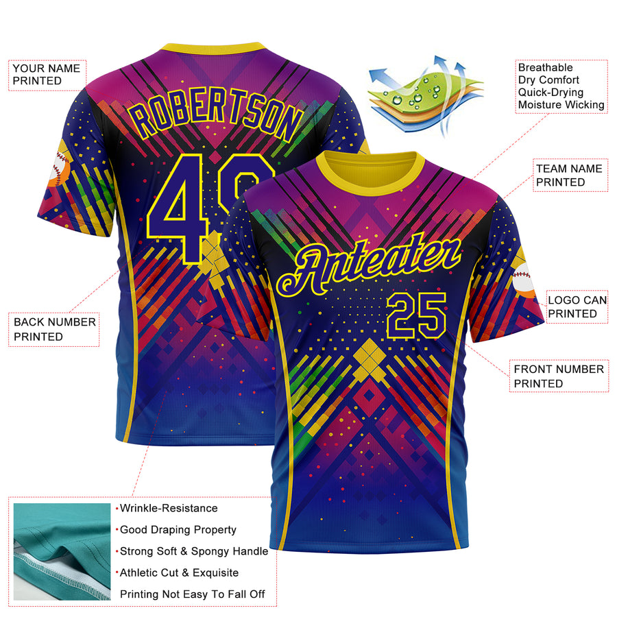 Custom Dark Purple Light Yellow-Red 3D Pattern Design Neon Chromatic Sportswear Performance T-Shirt