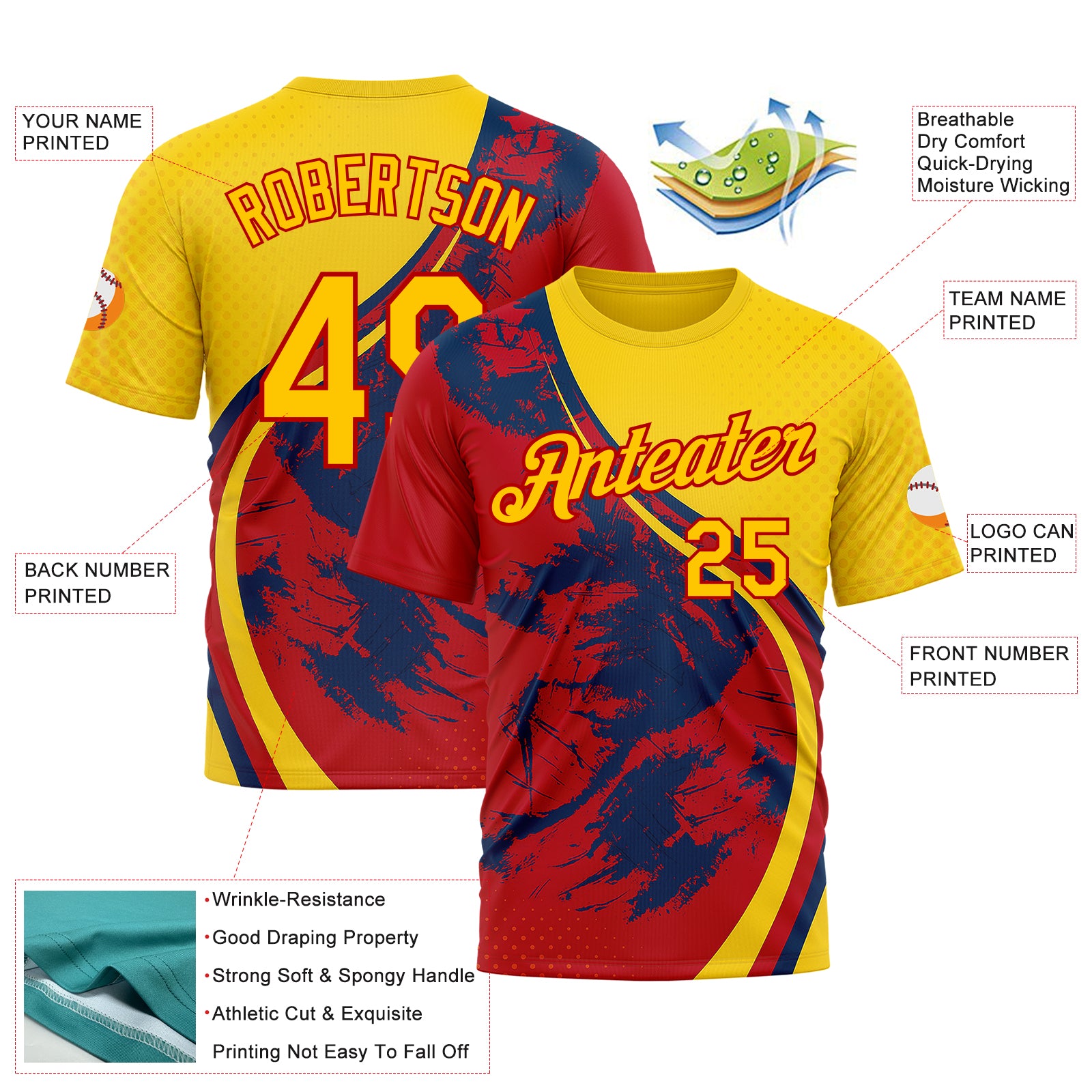 Custom Yellow Red 3D Pattern Design Spain Splash Sportswear Performance T-Shirt