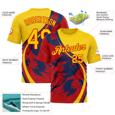 Custom Yellow Red 3D Pattern Design Spain Splash Sportswear Performance T-Shirt