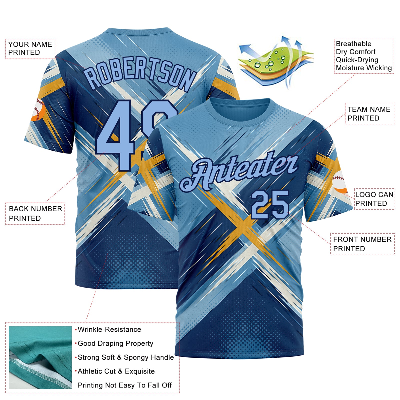 Custom Blue Light Blue-Navy 3D Pattern Design Geometric Shape Sportswear Performance T-Shirt