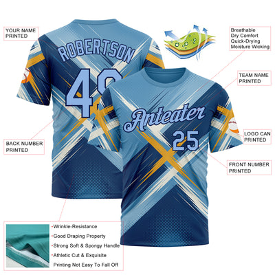 Custom Blue Light Blue-Navy 3D Pattern Design Geometric Shape Sportswear Performance T-Shirt