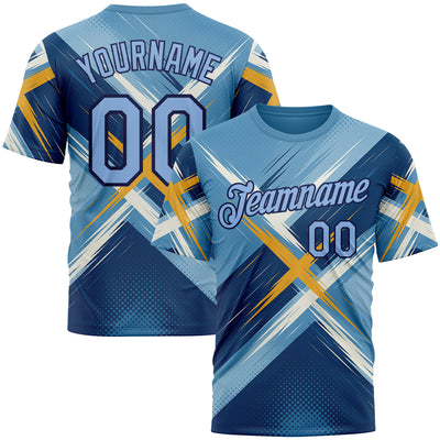 Custom Blue Light Blue-Navy 3D Pattern Design Geometric Shape Sportswear Performance T-Shirt