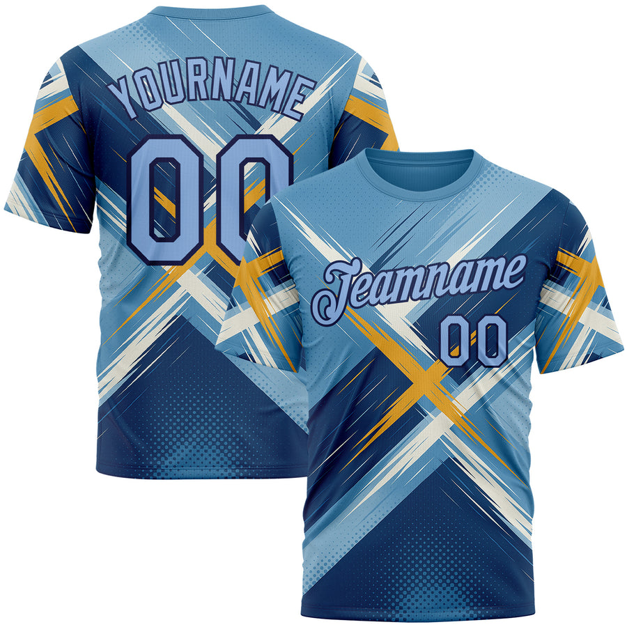 Custom Blue Light Blue-Navy 3D Pattern Design Geometric Shape Sportswear Performance T-Shirt