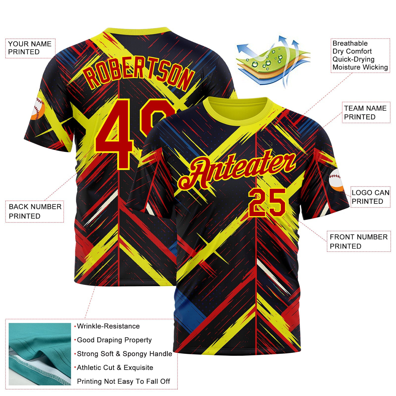 Custom Black Red Light Yellow-Blue 3D Pattern Design Germany Sportswear Performance T-Shirt