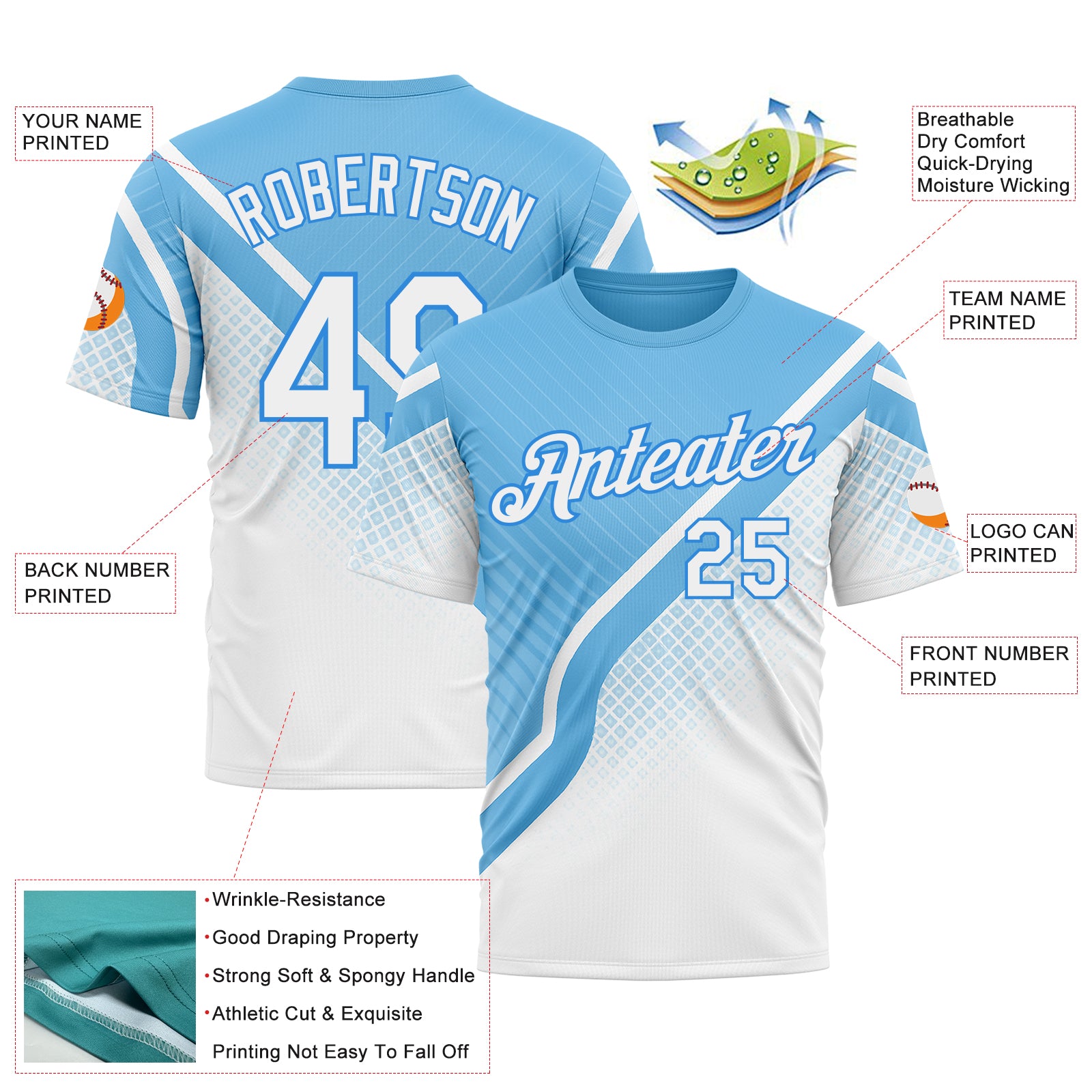 Custom Blue White-Powder Blue 3D Pattern Design Argentina Sportswear Performance T-Shirt