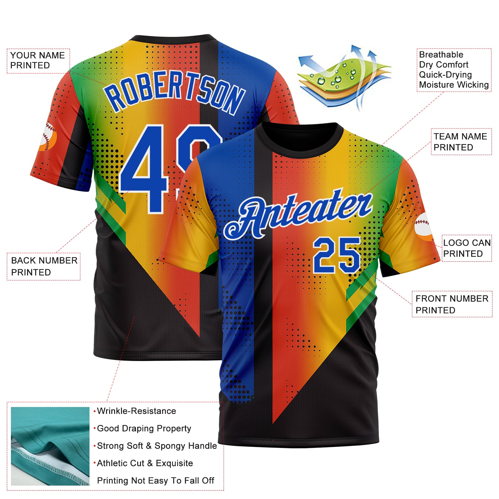 Custom Black Thunder Blue Red Yellow-Green 3D Pattern Design Gradient Africa Sportswear Performance T-Shirt