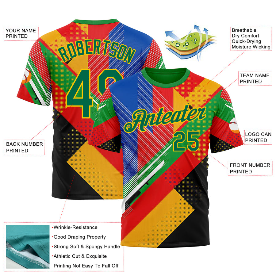 Custom Red Kelly Green Yellow Blue-Black 3D Pattern Design Africa Geometric Shape Sportswear Performance T-Shirt
