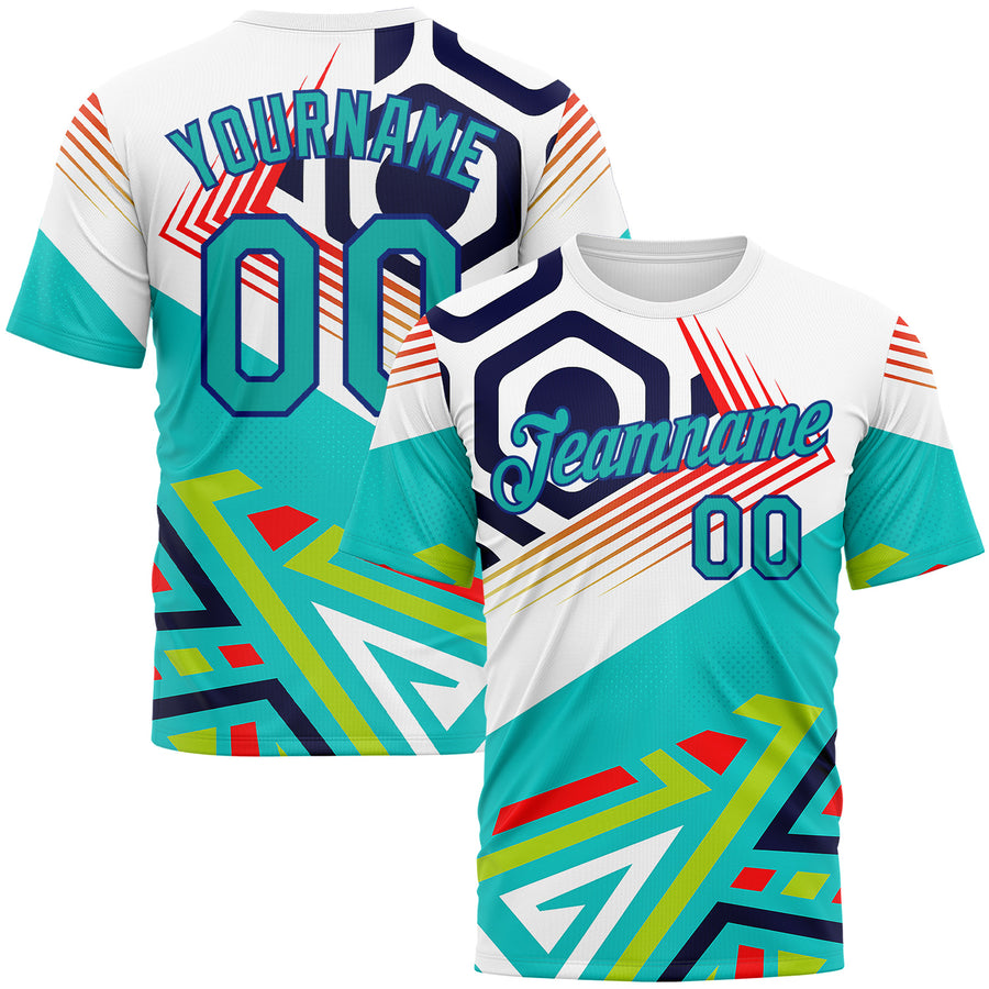 Custom White Auqa Red Green-Royal 3D Pattern Design Geometric Shape Sportswear Performance T-Shirt