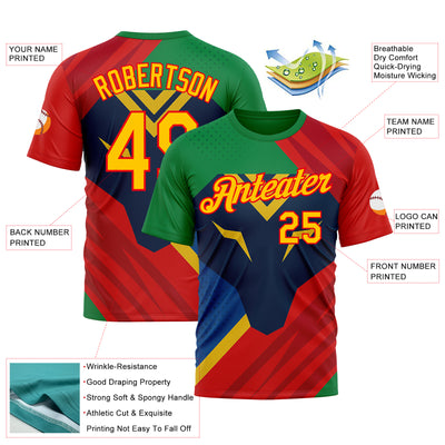 Custom Green Yellow Blue-Fire Red 3D Pattern Design Mexico Brazil Sportswear Performance T-Shirt