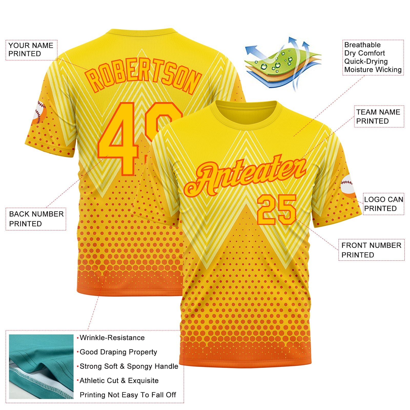 Custom Yellow Orange 3D Pattern Design Spain Sportswear Performance T-Shirt