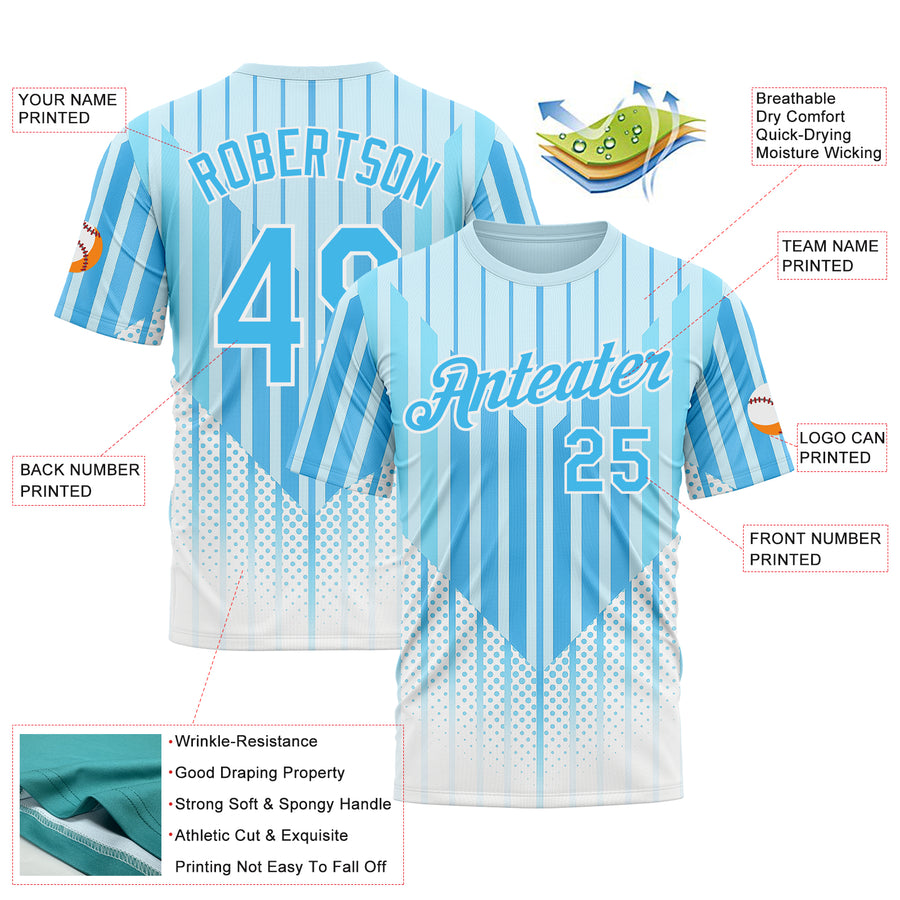Custom Blue Sky Blue-White 3D Pattern Design Argentina Stripe Sportswear Performance T-Shirt