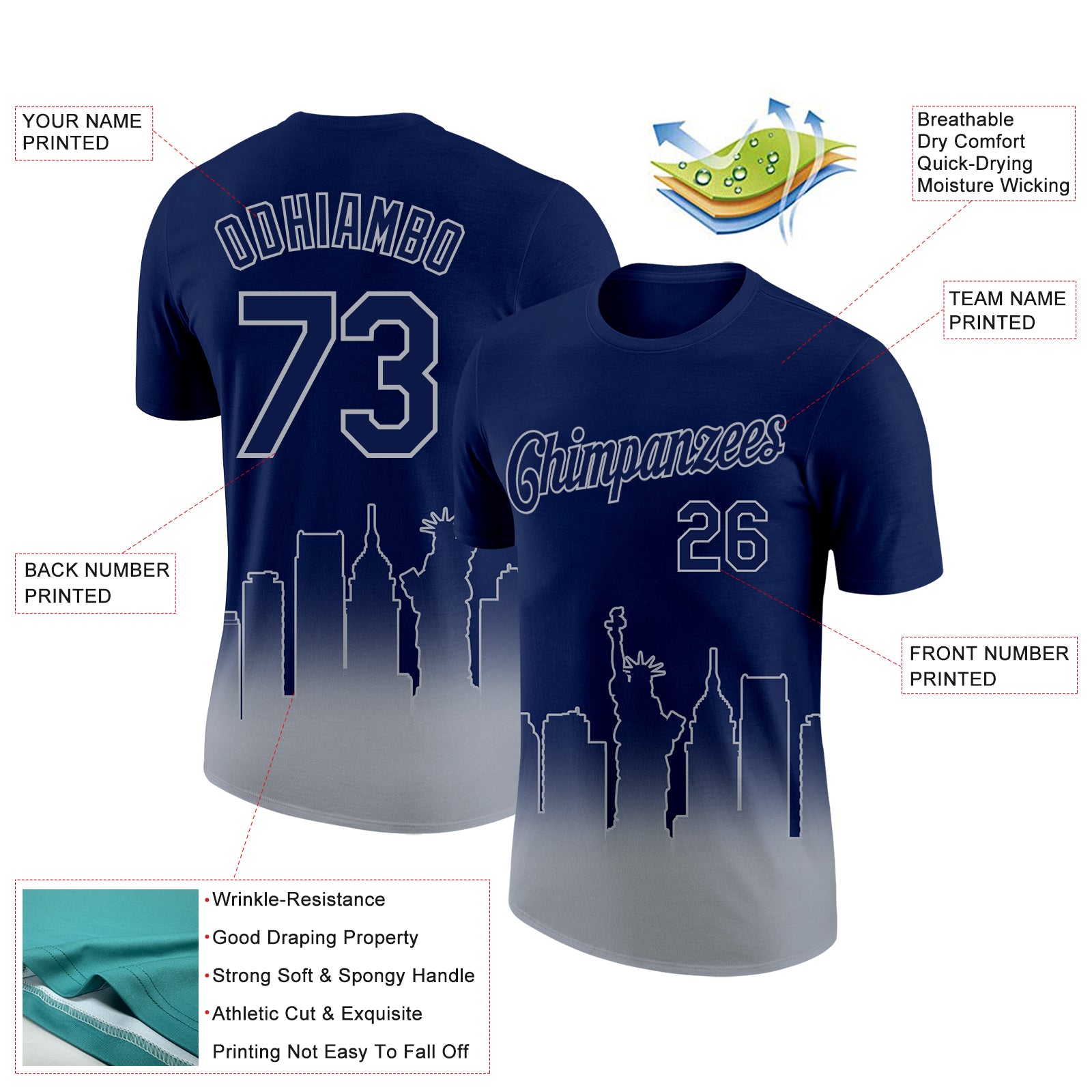 Custom Navy Gray 3D New York City Edition Fade Fashion Performance T-Shirt