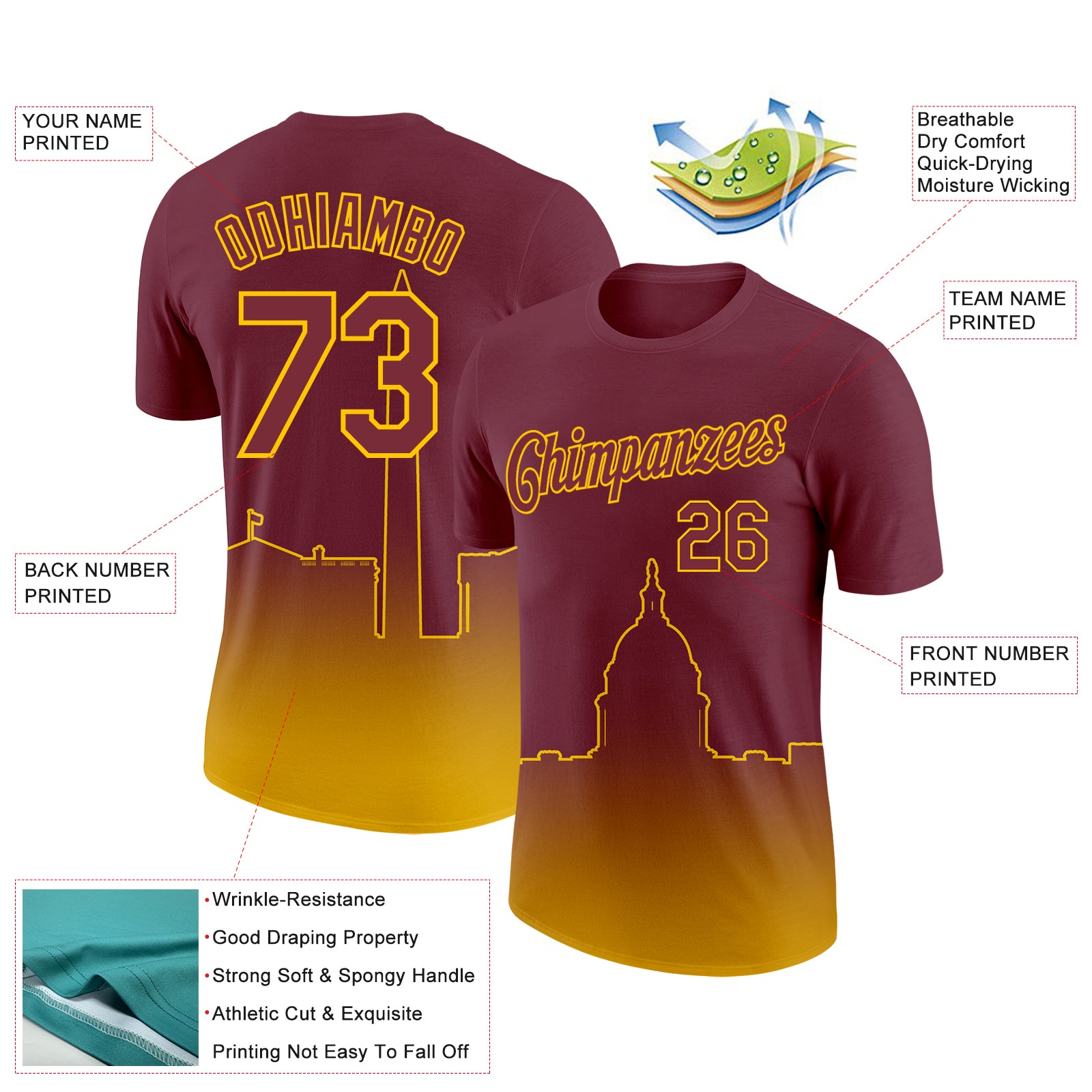 Custom Burgundy Yellow 3D Washington City Edition Fade Fashion Performance T-Shirt
