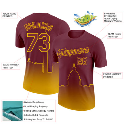 Custom Burgundy Yellow 3D Washington City Edition Fade Fashion Performance T-Shirt
