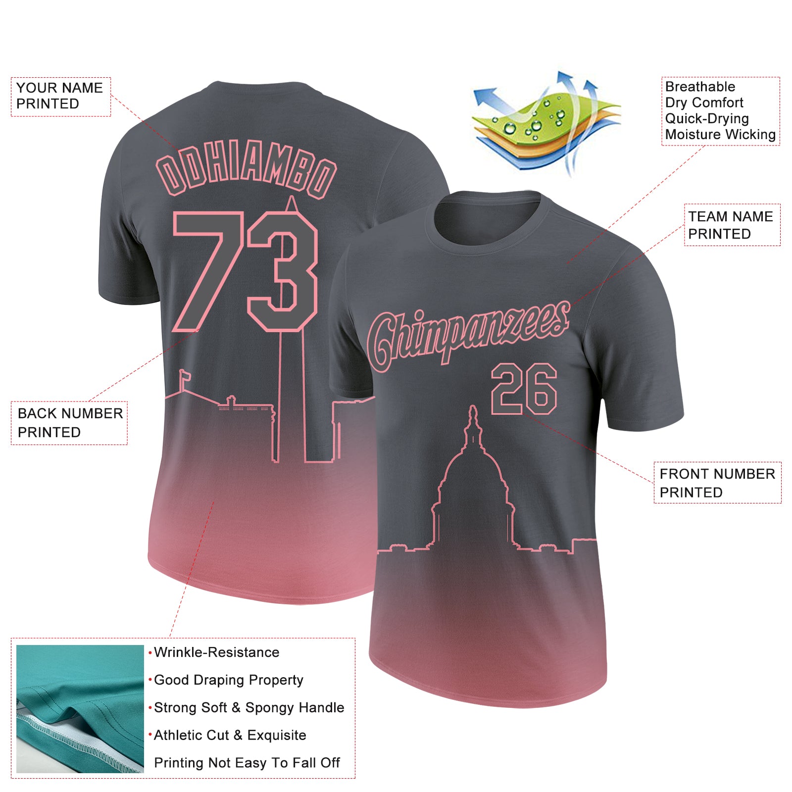 Custom Steel Gray Medium Pink 3D Washington City Edition Fade Fashion Performance T-Shirt
