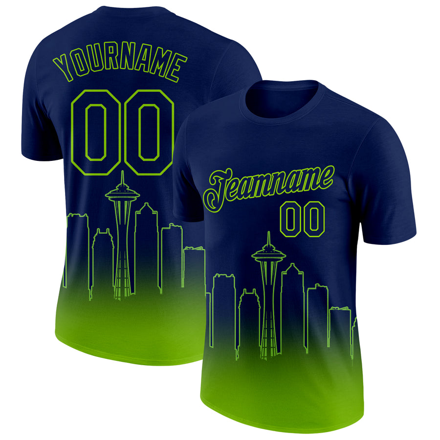 Custom Navy Neon Green 3D Seattle City Edition Fade Fashion Performance T-Shirt