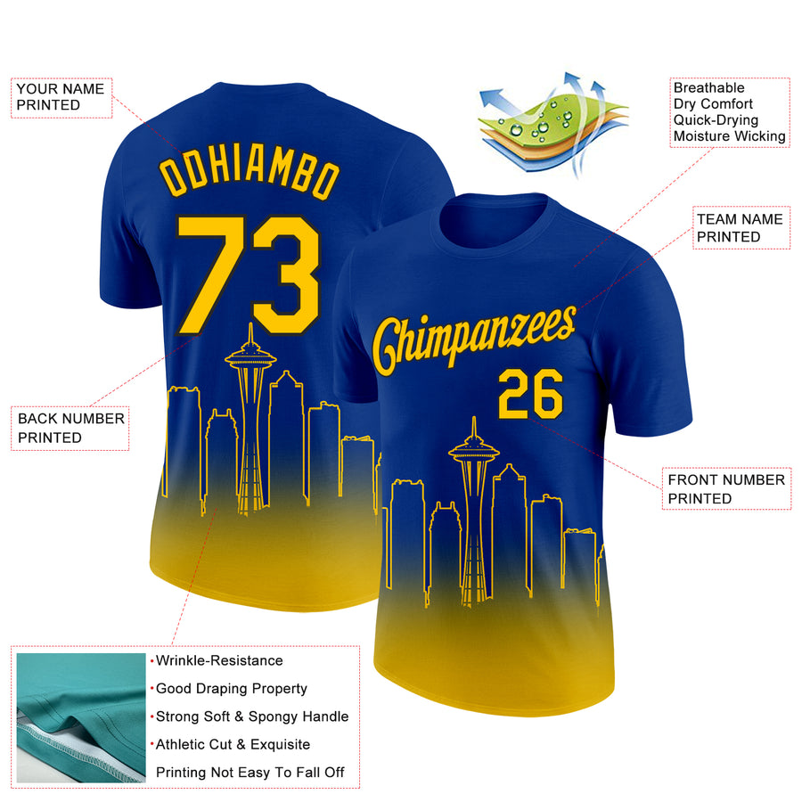 Custom Royal Yellow-Black 3D Seattle City Edition Fade Fashion Performance T-Shirt