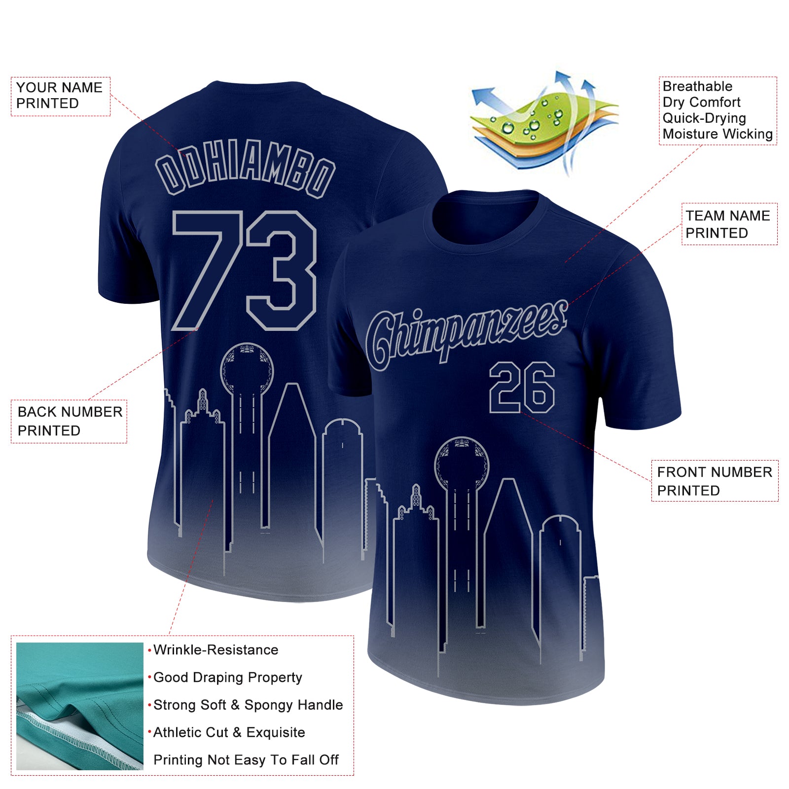 Custom Navy Gray 3D Dallas City Edition Fade Fashion Performance T-Shirt