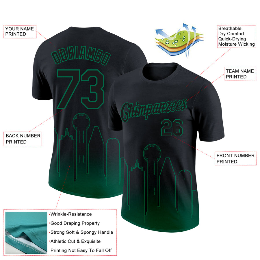 Custom Black Kelly Green 3D Dallas City Edition Fade Fashion Performance T-Shirt