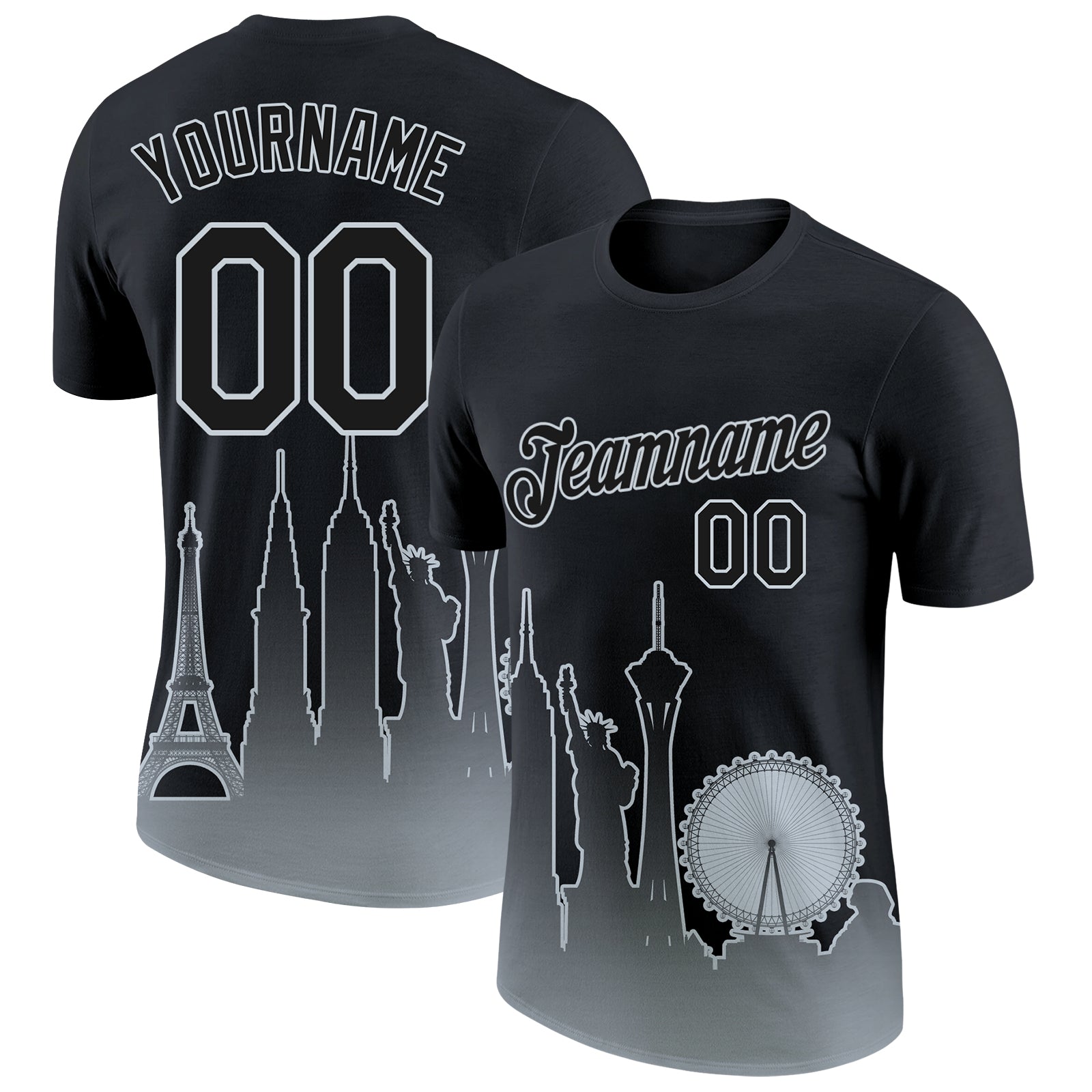 Custom Black Silver 3D Las Vegas City Edition Fade Fashion Performance T-Shirt