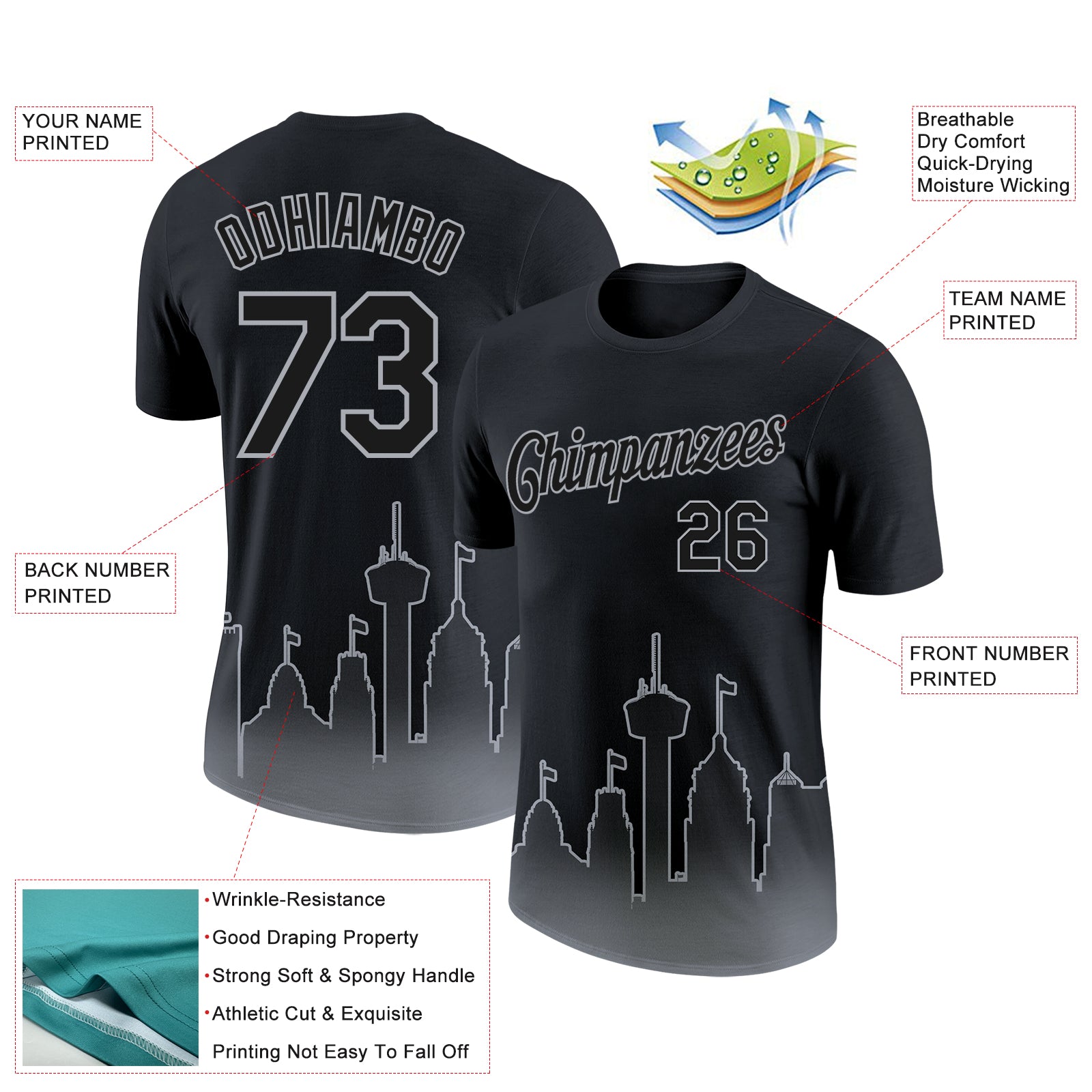 Custom Black Gray 3D San Antonio City Edition Fade Fashion Performance T-Shirt
