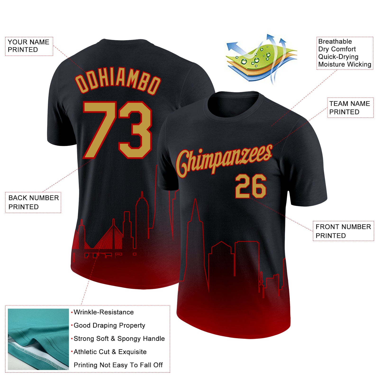 Custom Black Old Gold-Red 3D San Francisco City Edition Fade Fashion Performance T-Shirt