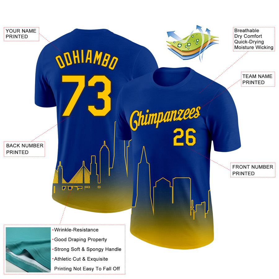 Custom Royal Yellow-Black 3D San Francisco City Edition Fade Fashion Performance T-Shirt