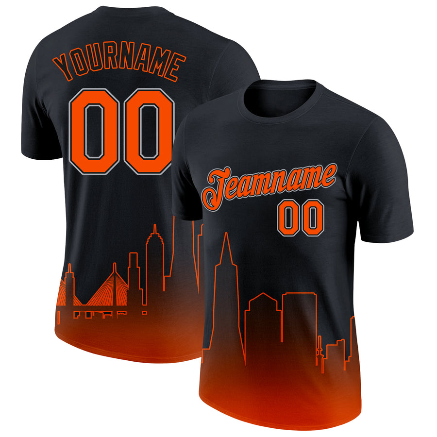 Custom Black Orange-Gray 3D San Francisco City Edition Fade Fashion Performance T-Shirt