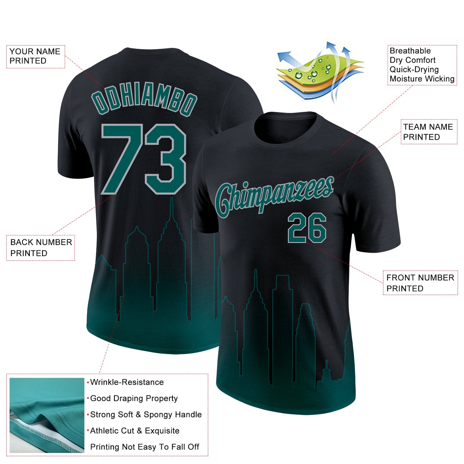 Custom Black Midnight Green-Gray 3D Philadelphia City Edition Fade Fashion Performance T-Shirt