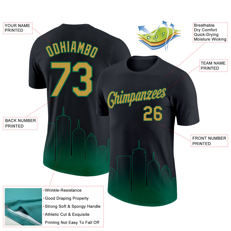 Custom Black Old Gold-Kelly Green 3D Boston City Edition Fade Fashion Performance T-Shirt