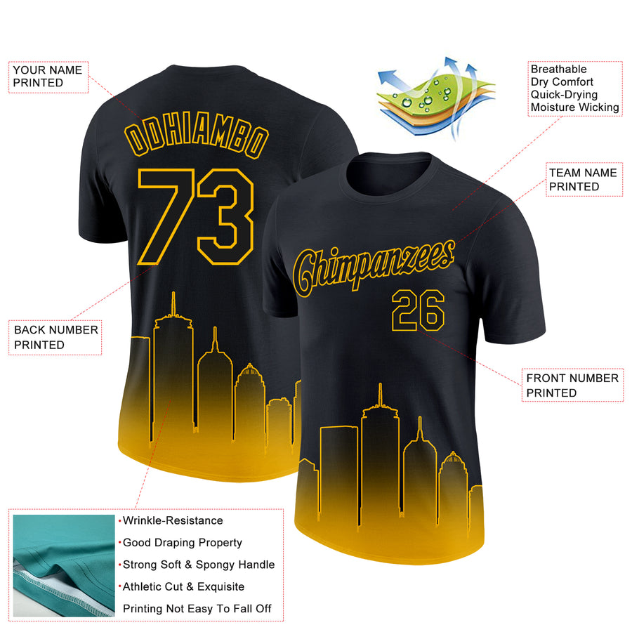 Custom Black Gold 3D Boston City Edition Fade Fashion Performance T-Shirt
