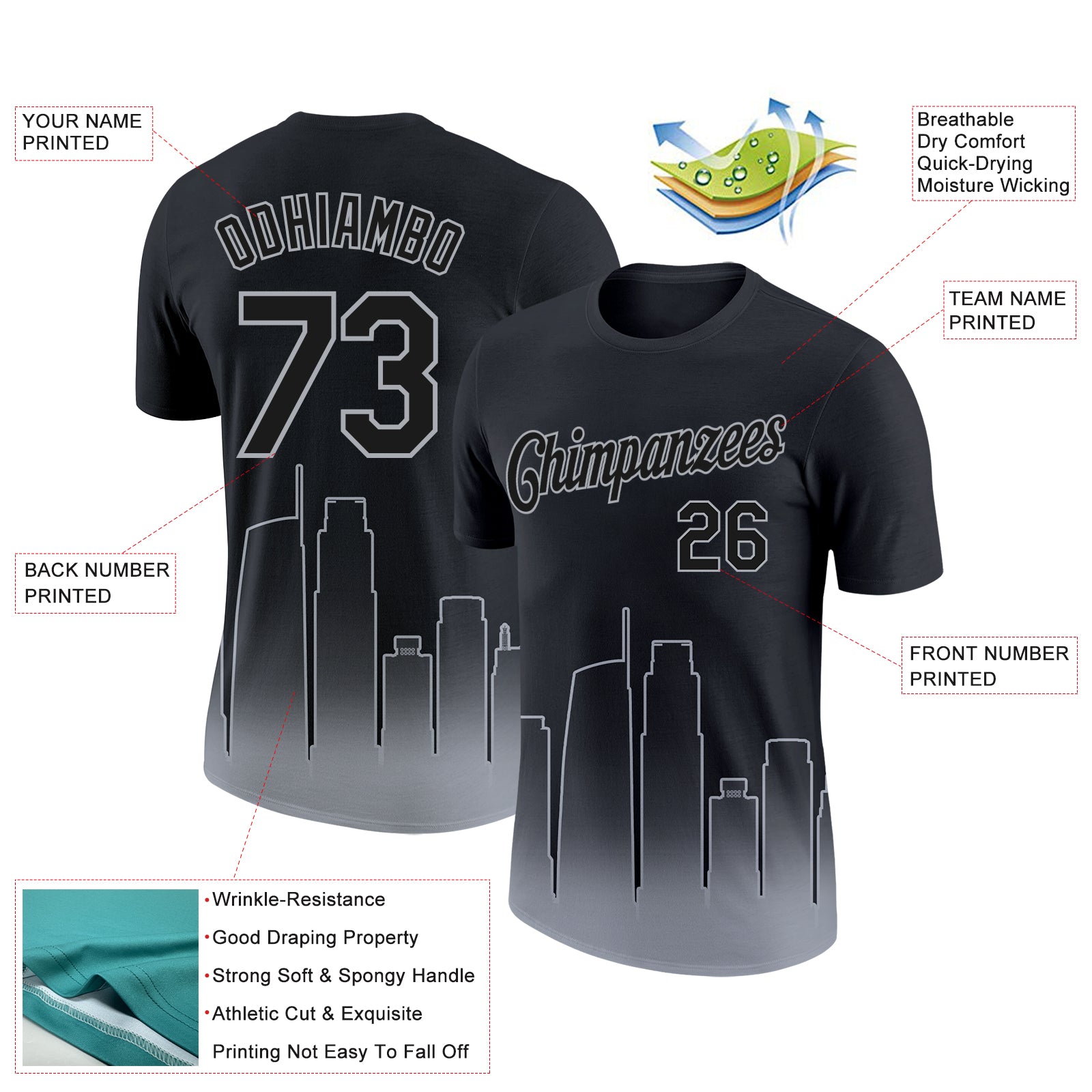 Custom Black Gray 3D Los Angeles City Edition Fade Fashion Performance T-Shirt