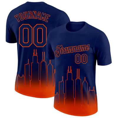 Custom Navy Orange 3D Chicago City Edition Fade Fashion Performance T-Shirt