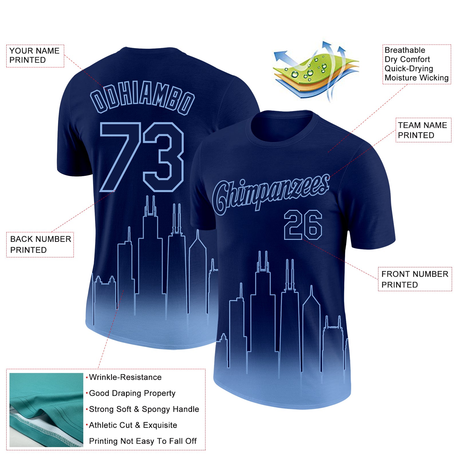 Custom Navy Light Blue 3D Chicago City Edition Fade Fashion Performance T-Shirt