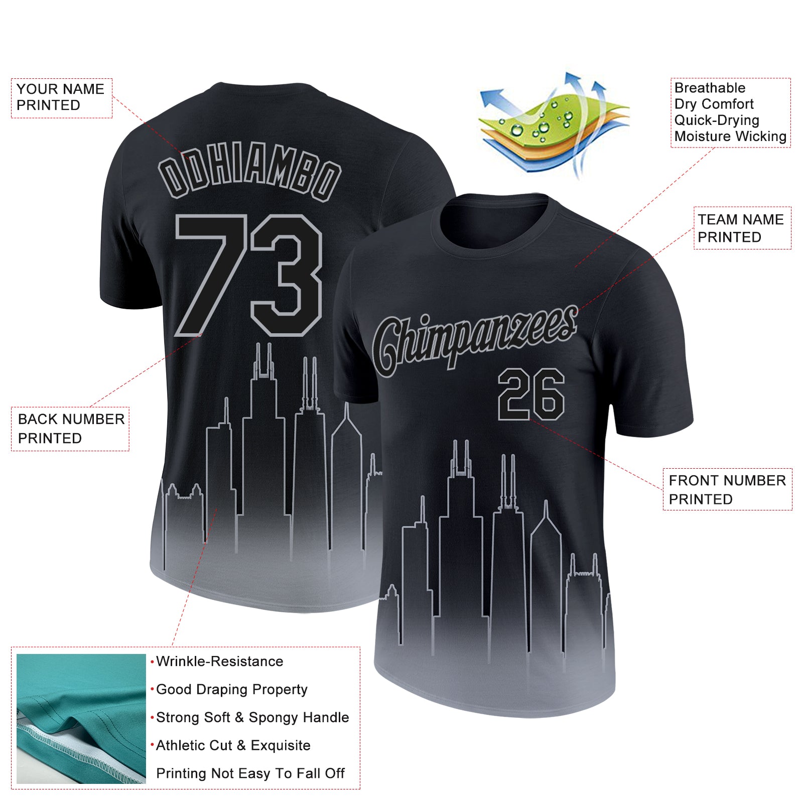 Custom Black Gray 3D Chicago City Edition Fade Fashion Performance T-Shirt