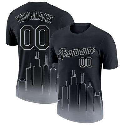 Custom Black Gray 3D Chicago City Edition Fade Fashion Performance T-Shirt