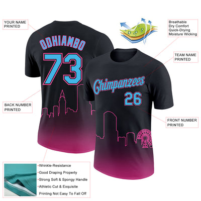 Custom Black Sky Blue-Pink 3D Miami City Edition Fade Fashion Performance T-Shirt
