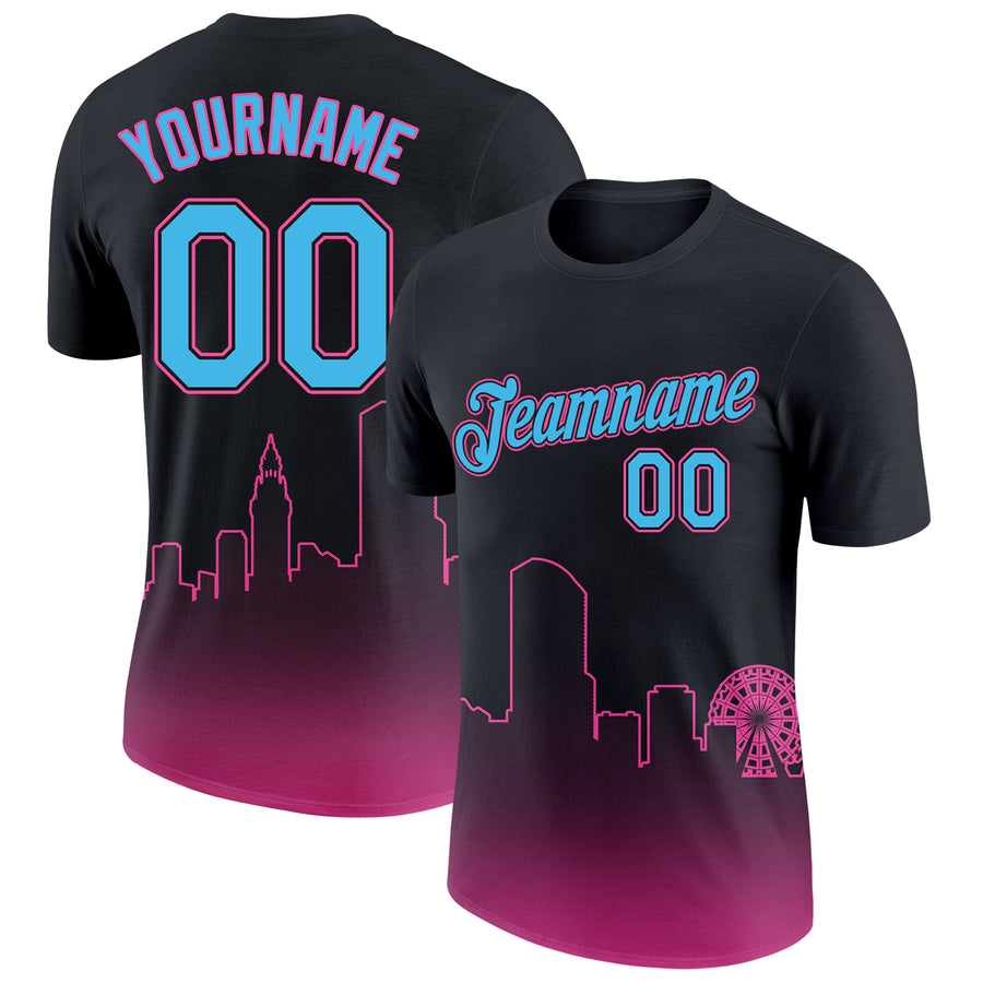 Custom Black Sky Blue-Pink 3D Miami City Edition Fade Fashion Performance T-Shirt