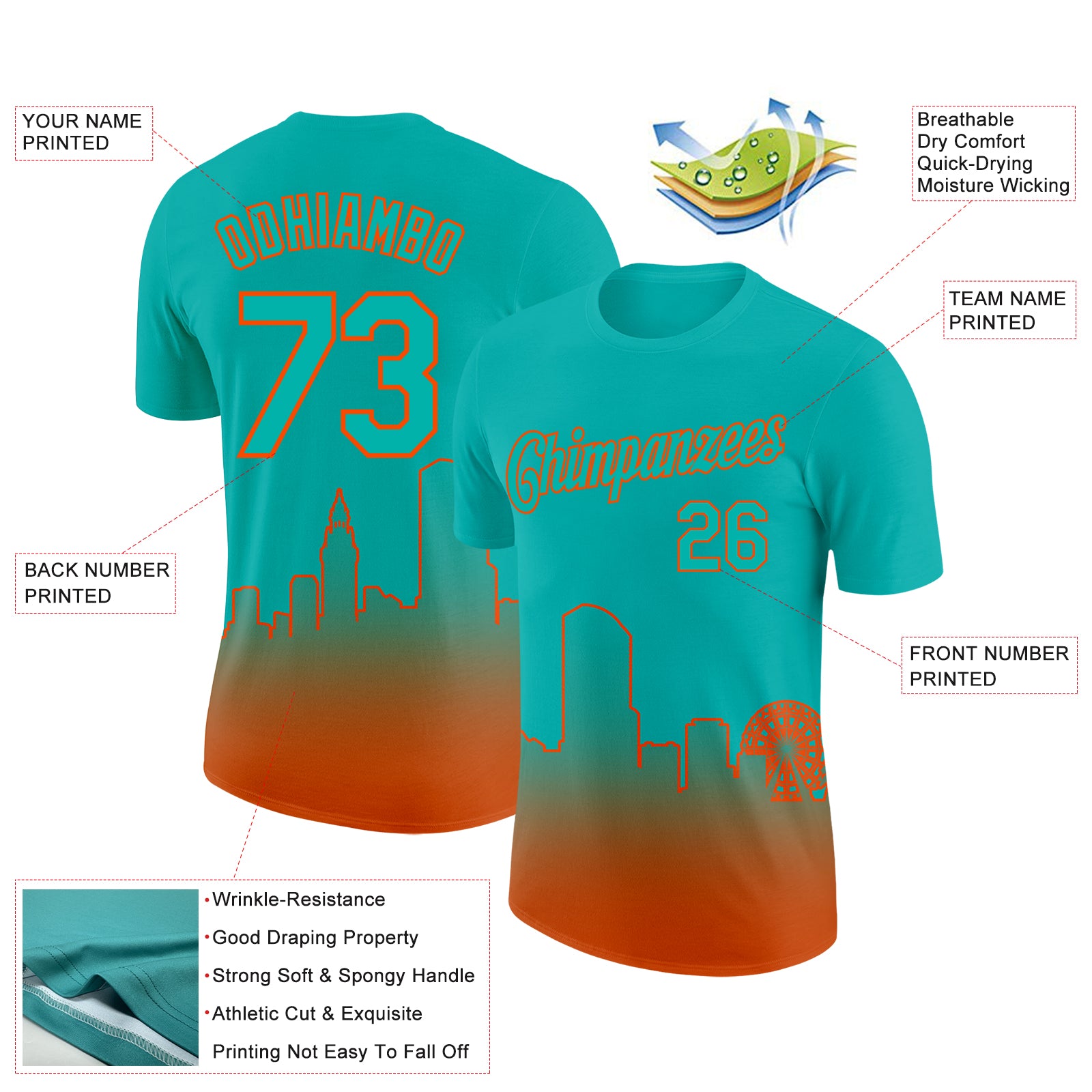 Custom Aqua Orange 3D Miami City Edition Fade Fashion Performance T-Shirt