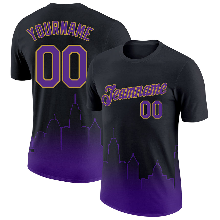 Custom Black Purple-Old Gold 3D Baltimore City Edition Fade Fashion Performance T-Shirt
