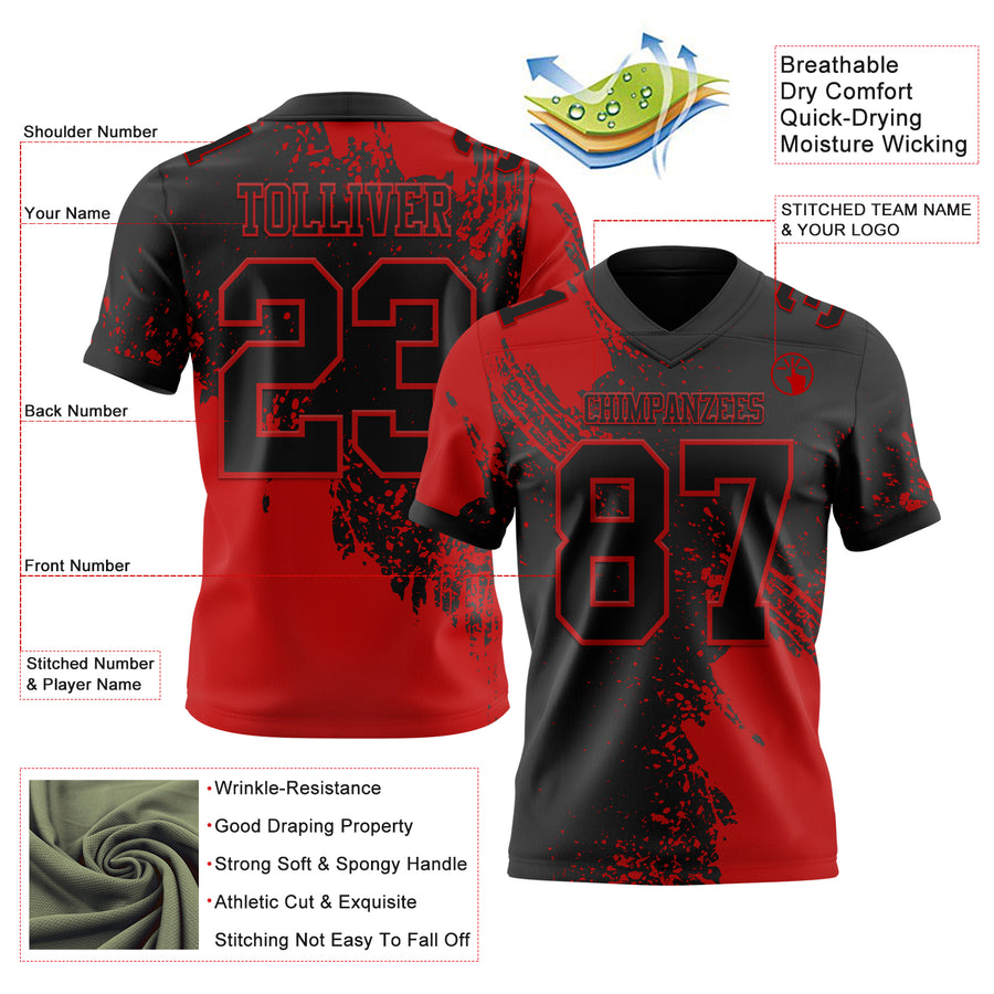 Custom Black Red 3D Pattern Abstract Brush Stroke Authentic Football Jersey
