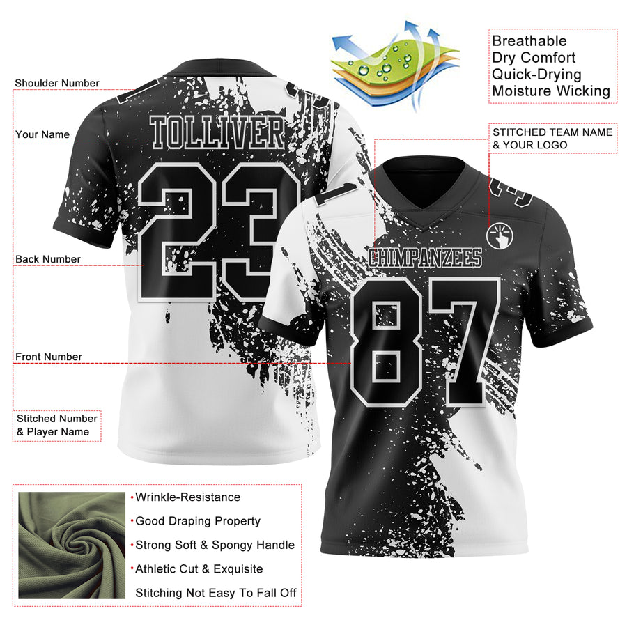 Custom Black White 3D Pattern Abstract Brush Stroke Authentic Football Jersey