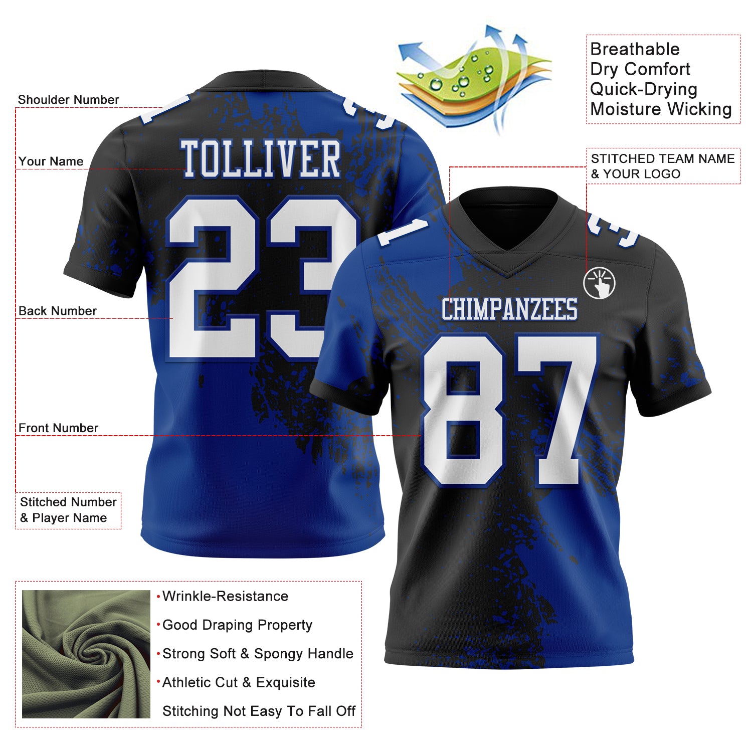 Custom Black White-Royal 3D Pattern Abstract Brush Stroke Authentic Football Jersey