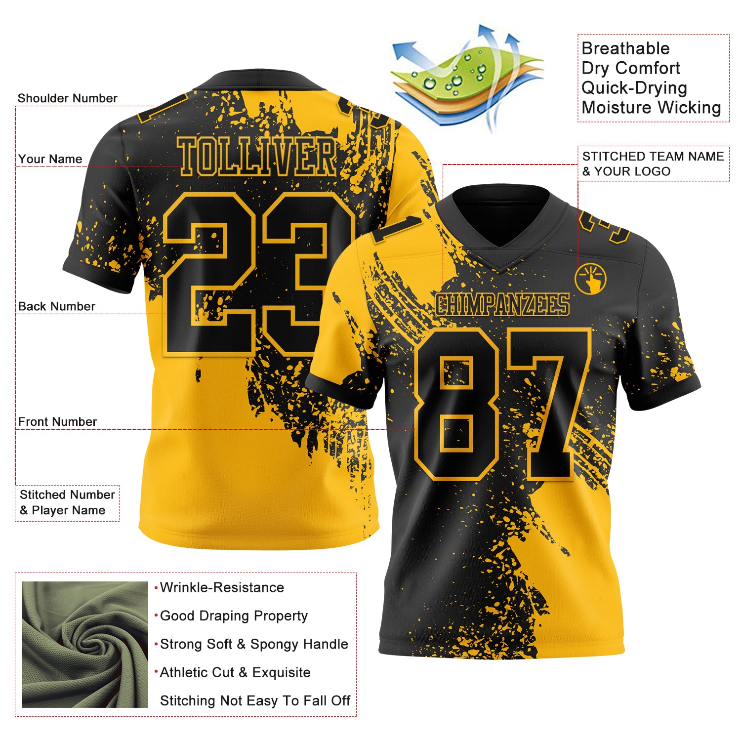 Custom Black Gold 3D Pattern Abstract Brush Stroke Authentic Football Jersey